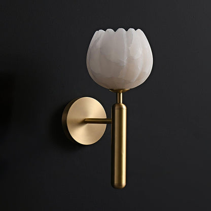 LED Wall Sconce with Alabaster Shade Brass Finish 12 in Indoor Accent Light for Bedroom Hallway Living Room Modern Floral Design E12 Base 15