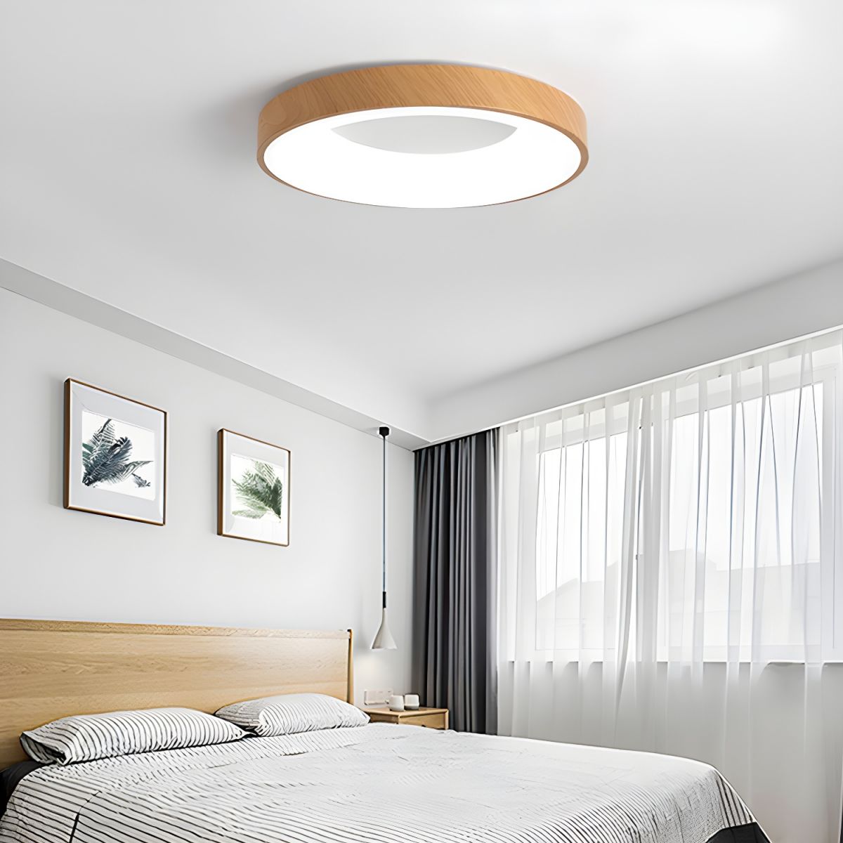 LED Flush Mount Fixture with Wood-Effect Trim 16-Inch White for Bedroom Kitchen Hallway Low Profile Integrated Ceiling Light