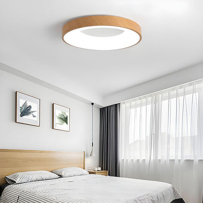 LED Flush Mount Fixture with Wood-Effect Trim 16-Inch White for Bedroom Kitchen Hallway Low Profile Integrated Ceiling Light