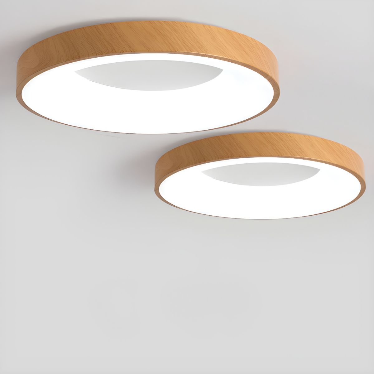 LED Flush Mount Fixture with Wood-Effect Trim 16-Inch White for Bedroom Kitchen Hallway Low Profile Integrated Ceiling Light