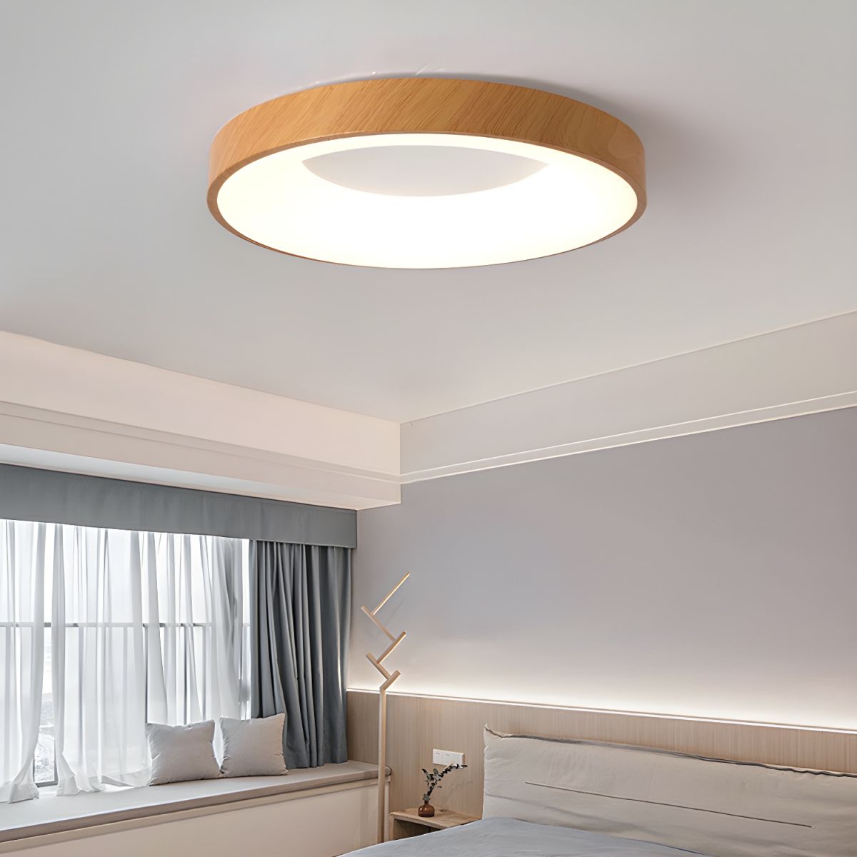 LED Flush Mount Fixture with Wood-Effect Trim 16-Inch White for Bedroom Kitchen Hallway Low Profile Integrated Ceiling Light