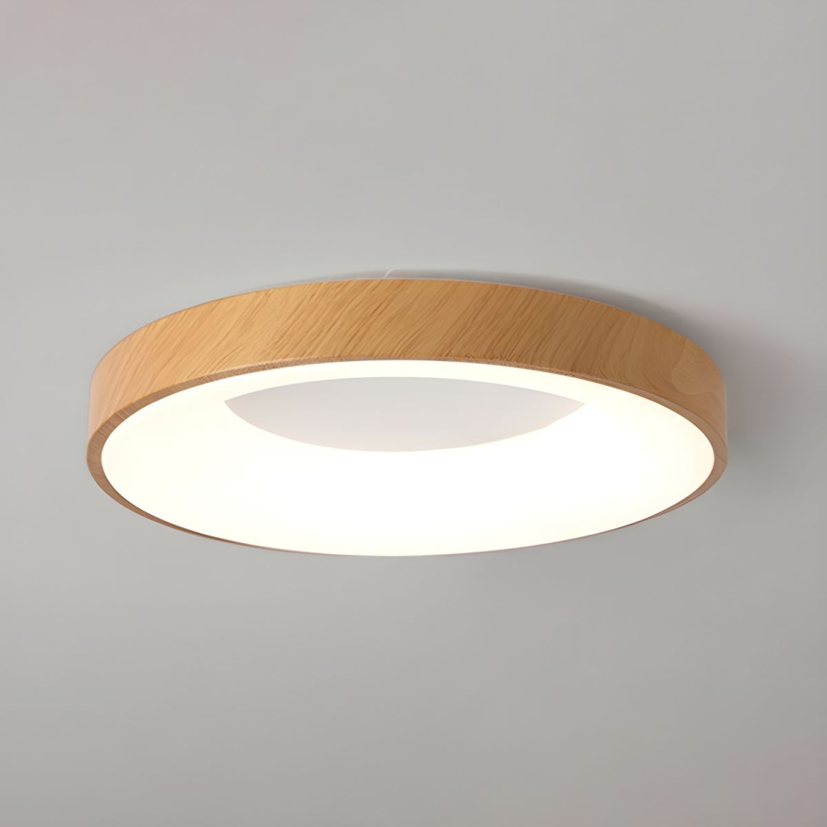 LED Flush Mount Fixture with Wood-Effect Trim 16-Inch White for Bedroom Kitchen Hallway Low Profile Integrated Ceiling Light
