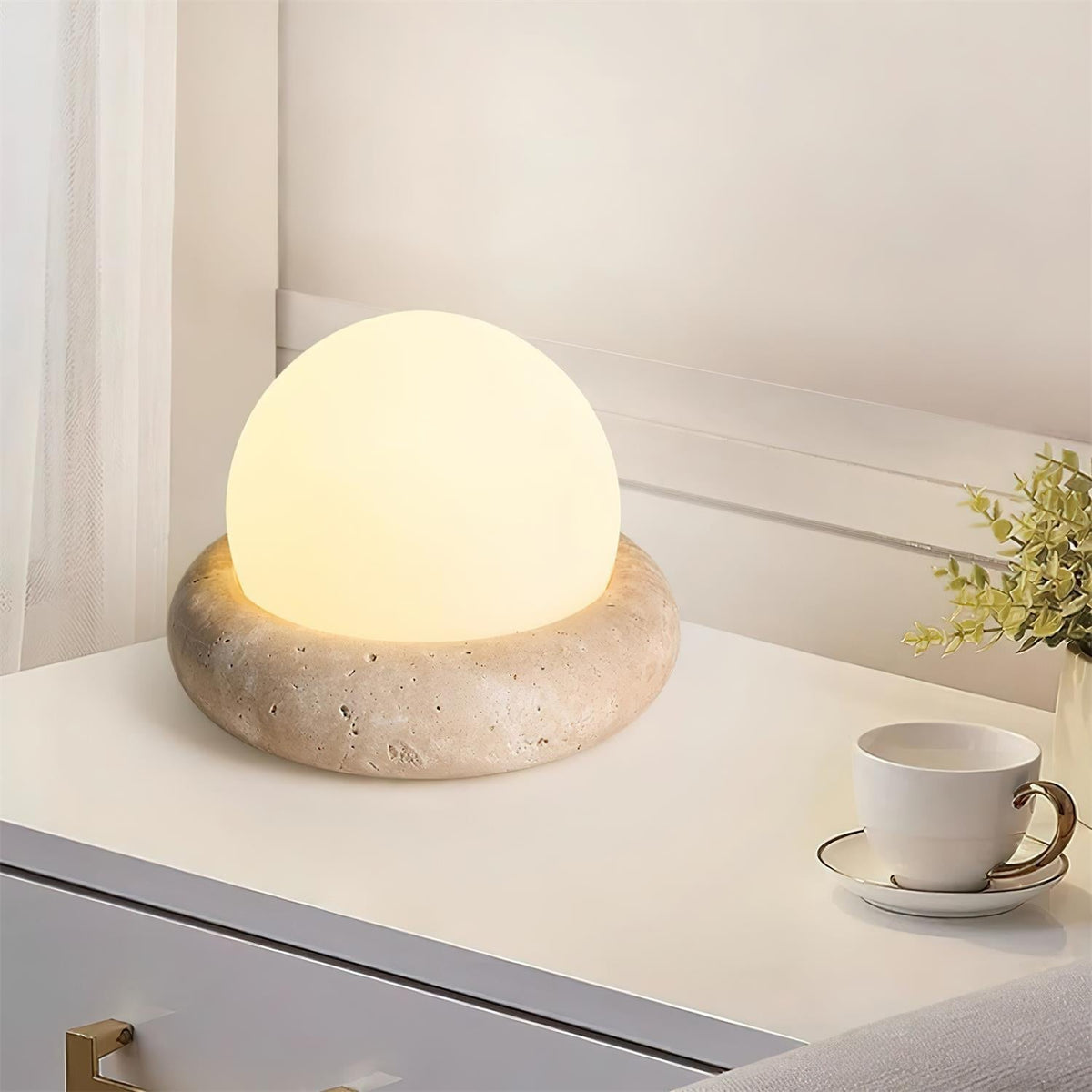 Rechargeable LED Accent Lamp Natural Stone Base Frosted Shade Wireless Remote Three Color Settings Bedroom Nightstand Desk Living Room Cordl