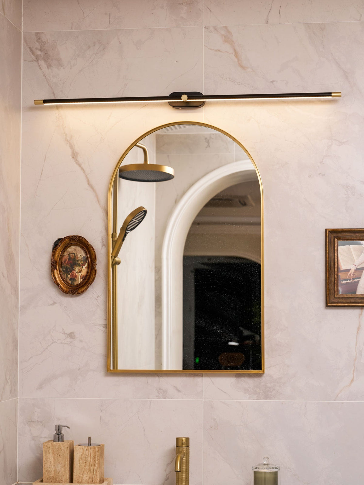 LED Bathroom Mirror Light 27 in Rechargeable Dimmable Wall Sconce Black Gold Wireless Touch Control Vanity Fixture for Powder Room