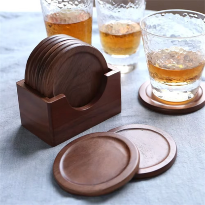 Minimalist Japanese Coaster Set – 6 Walnut and Beech Coasters with Holder for Home Decor