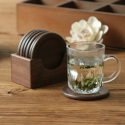 Minimalist Japanese Coaster Set – 6 Walnut and Beech Coasters with Holder for Home Decor