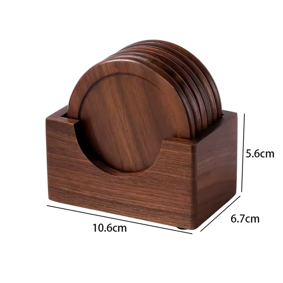 Minimalist Japanese Coaster Set – 6 Walnut and Beech Coasters with Holder for Home Decor