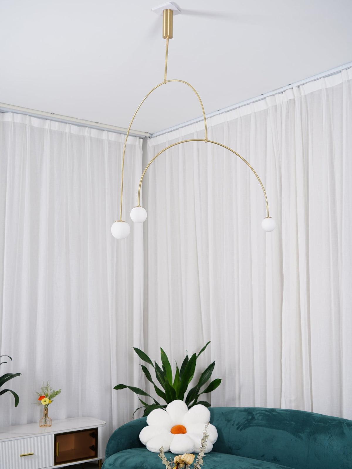 Sculptural Ceiling Light with Opaline Glass Diffusers Black & Brass Finish Multi-Arm Design for Dining Room Entryway Modern Overhead Fixture