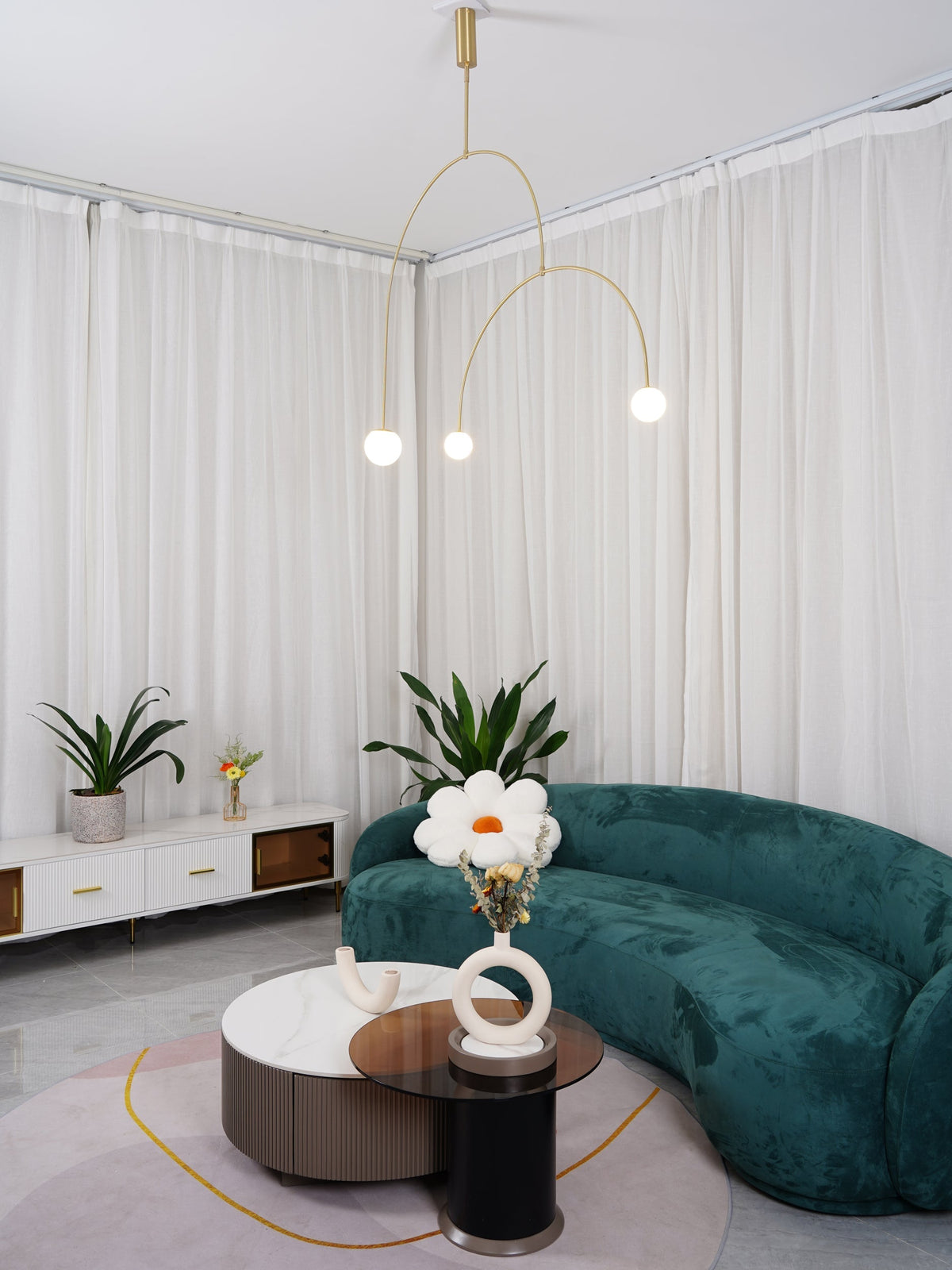 Sculptural Ceiling Light with Opaline Glass Diffusers Black & Brass Finish Multi-Arm Design for Dining Room Entryway Modern Overhead Fixture