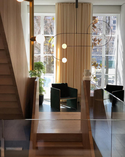 Sculptural Ceiling Light with Opaline Glass Diffusers Black & Brass Finish Multi-Arm Design for Dining Room Entryway Modern Overhead Fixture