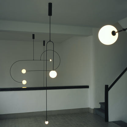 Sculptural Ceiling Light with Opaline Glass Diffusers Black & Brass Finish Multi-Arm Design for Dining Room Entryway Modern Overhead Fixture