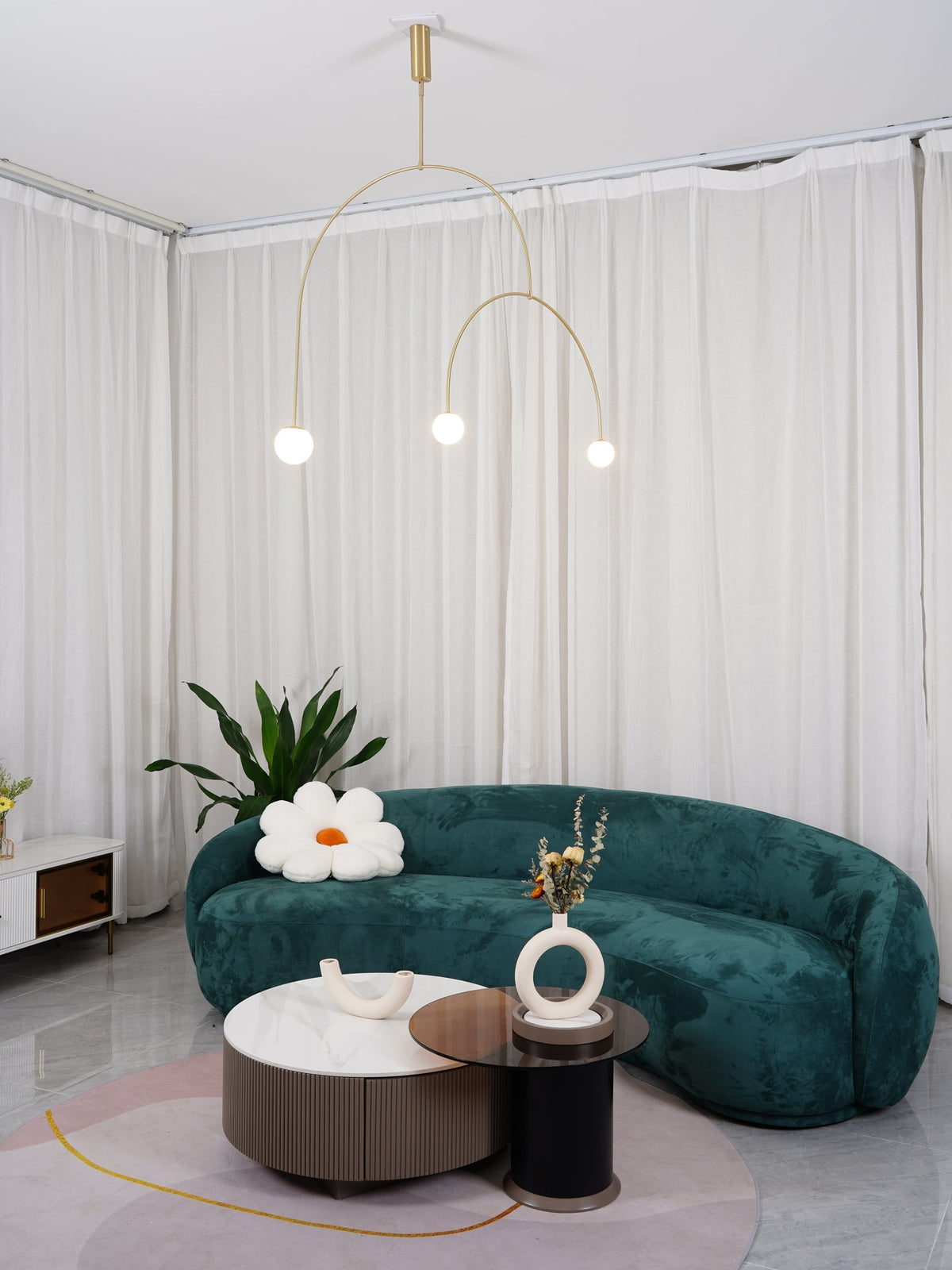 Sculptural Ceiling Light with Opaline Glass Diffusers Black & Brass Finish Multi-Arm Design for Dining Room Entryway Modern Overhead Fixture