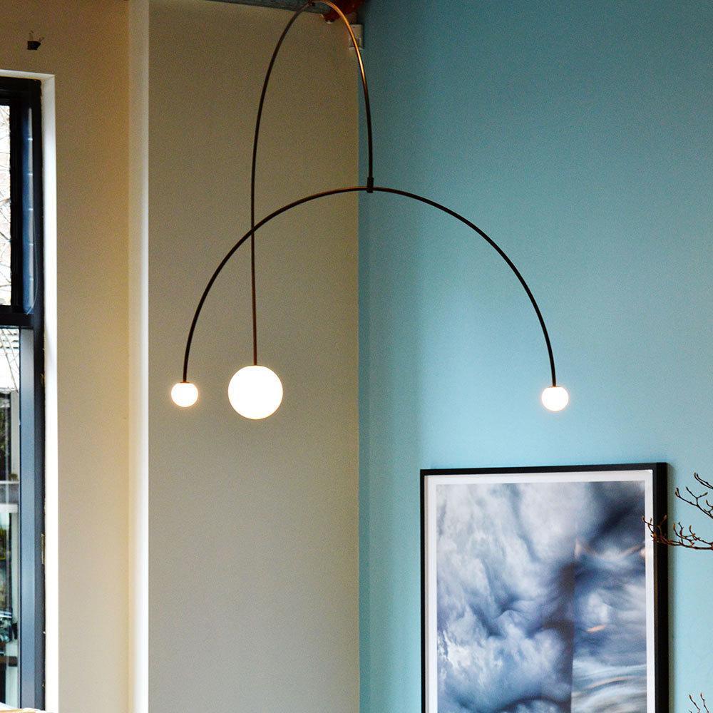 Sculptural Ceiling Light with Opaline Glass Diffusers Black & Brass Finish Multi-Arm Design for Dining Room Entryway Modern Overhead Fixture