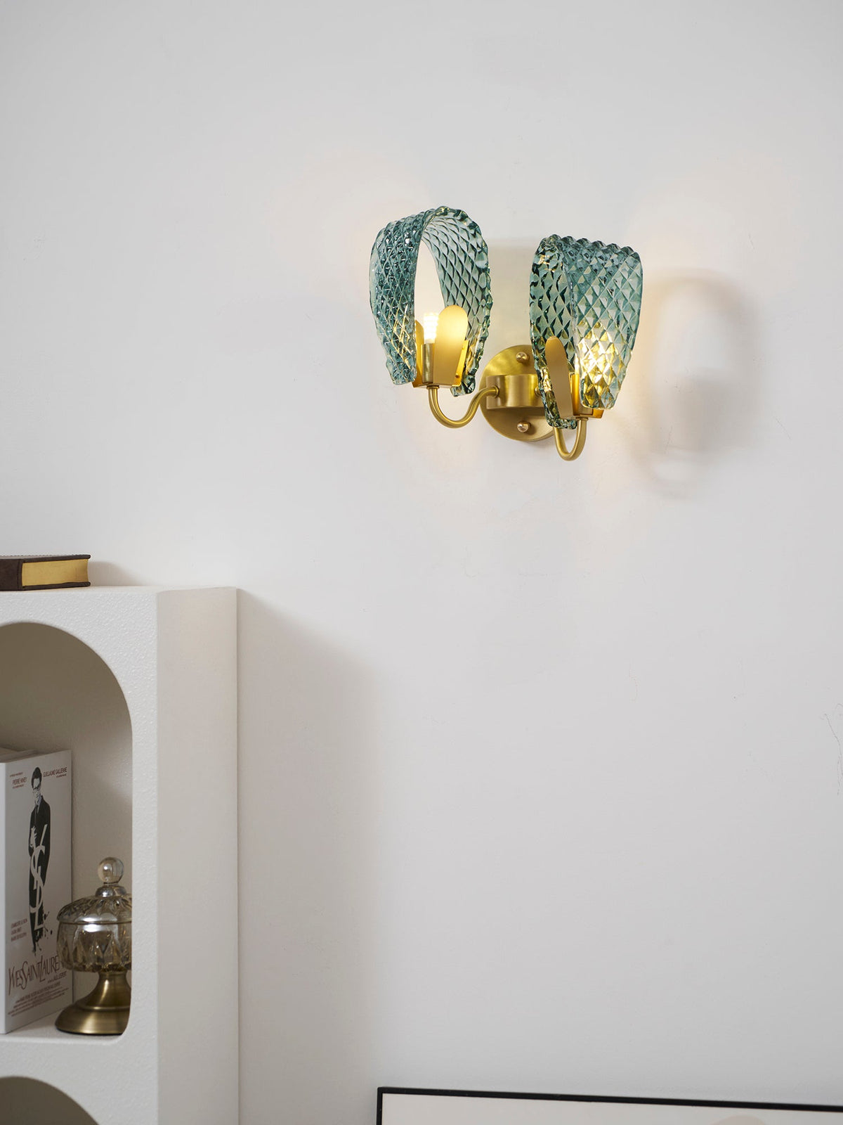 Vintage Brass and Blue Glass Wall Sconce for Bedroom Hallway Living Room – Elegant Decorative 2-Light or 3-Light Fixture with Diamond Textur