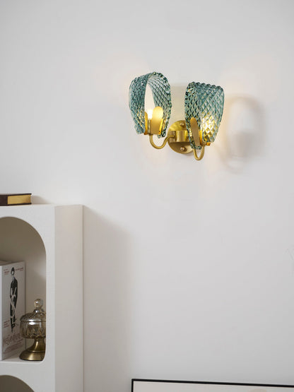 Vintage Brass and Blue Glass Wall Sconce for Bedroom Hallway Living Room – Elegant Decorative 2-Light or 3-Light Fixture with Diamond Textur