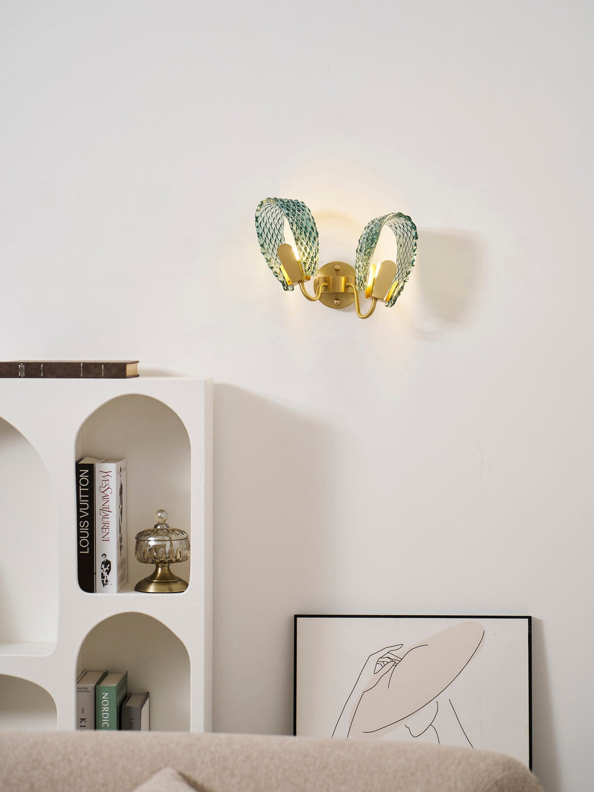 Vintage Brass and Blue Glass Wall Sconce for Bedroom Hallway Living Room – Elegant Decorative 2-Light or 3-Light Fixture with Diamond Textur