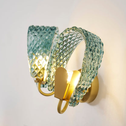 Vintage Brass and Blue Glass Wall Sconce for Bedroom Hallway Living Room – Elegant Decorative 2-Light or 3-Light Fixture with Diamond Textur