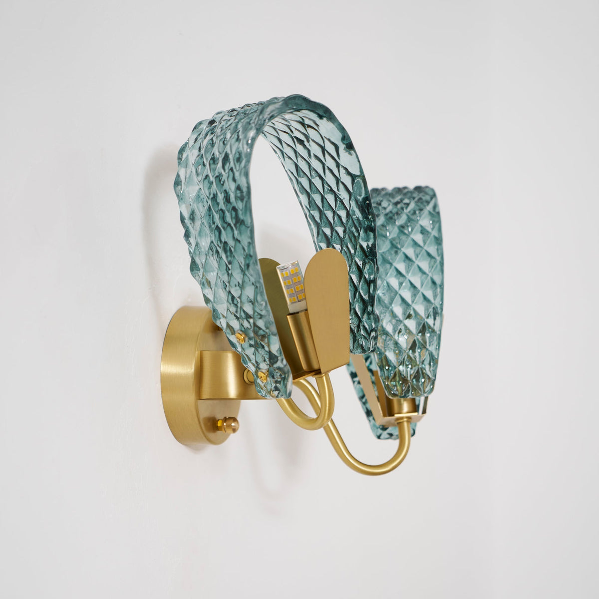 Vintage Brass and Blue Glass Wall Sconce for Bedroom Hallway Living Room – Elegant Decorative 2-Light or 3-Light Fixture with Diamond Textur