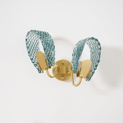 Vintage Brass and Blue Glass Wall Sconce for Bedroom Hallway Living Room – Elegant Decorative 2-Light or 3-Light Fixture with Diamond Textur