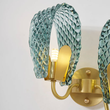 Vintage Brass and Blue Glass Wall Sconce for Bedroom Hallway Living Room – Elegant Decorative 2-Light or 3-Light Fixture with Diamond Textur