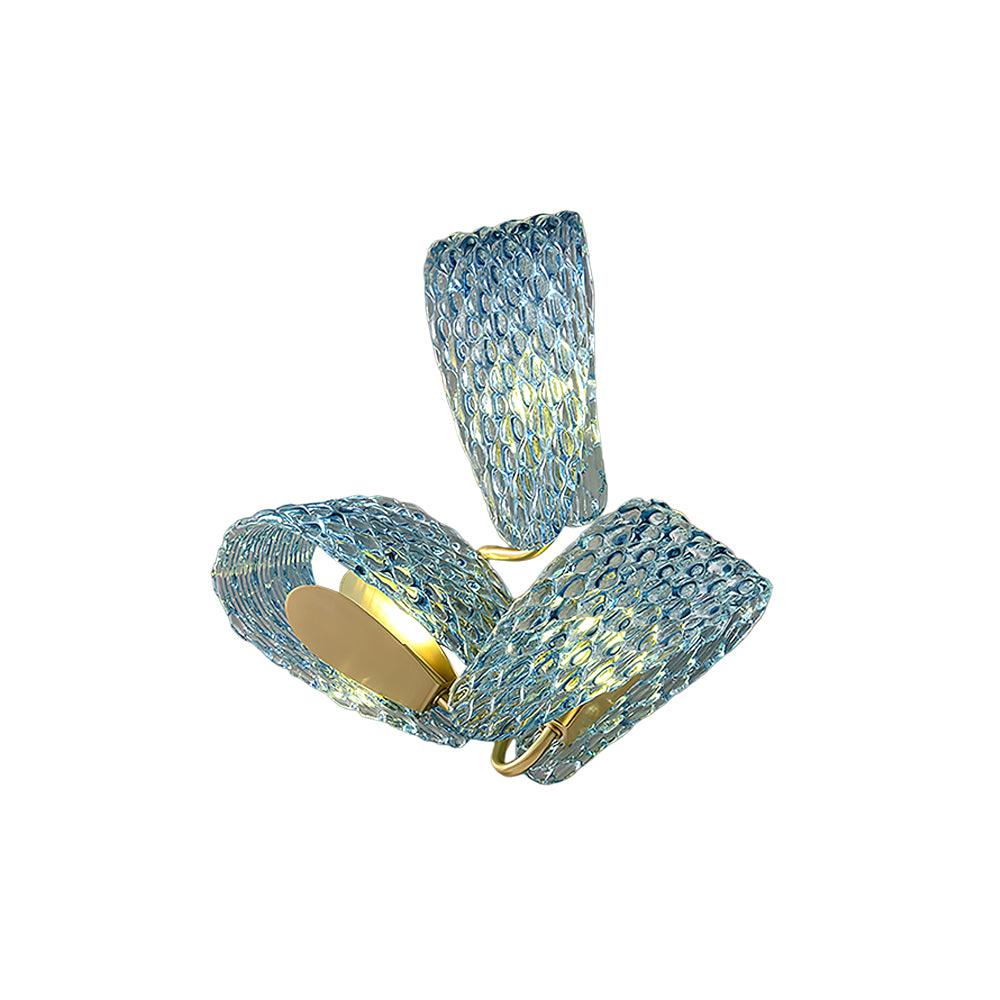 Vintage Brass and Blue Glass Wall Sconce for Bedroom Hallway Living Room – Elegant Decorative 2-Light or 3-Light Fixture with Diamond Textur