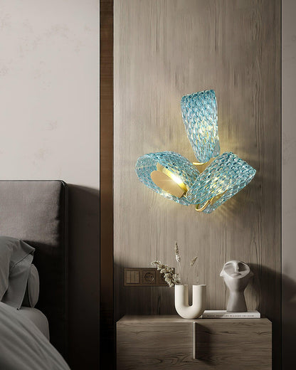 Vintage Brass and Blue Glass Wall Sconce for Bedroom Hallway Living Room – Elegant Decorative 2-Light or 3-Light Fixture with Diamond Textur