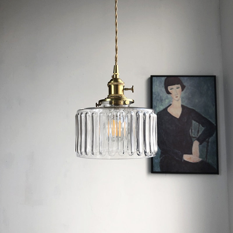 Textured Glass Drop Fixture with Brass Trim & Adjustable Cord for Kitchen Islands & Dining Spaces E27 Socket
