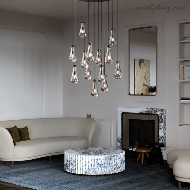 Cascading Glass Globe Chandelier – Dimmable LED Brass Fixture for Dining Room & Foyer – 18 to 60 Inch Multi-Light Statement Piece