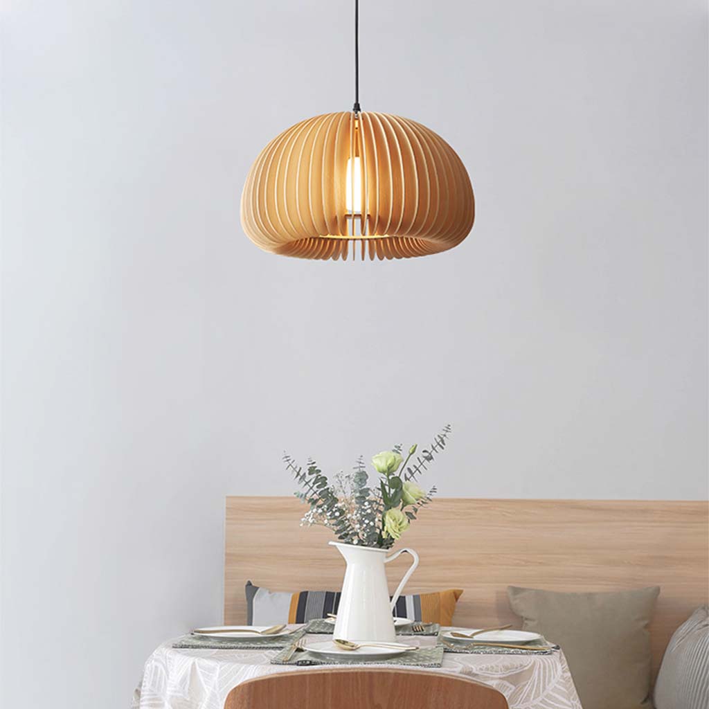 Wooden Ceiling Lamp Natural Finish 14 Inch Hanging Light for Dining Tables Kitchen Islands Living Areas Adjustable Color Temperature E26 Bas