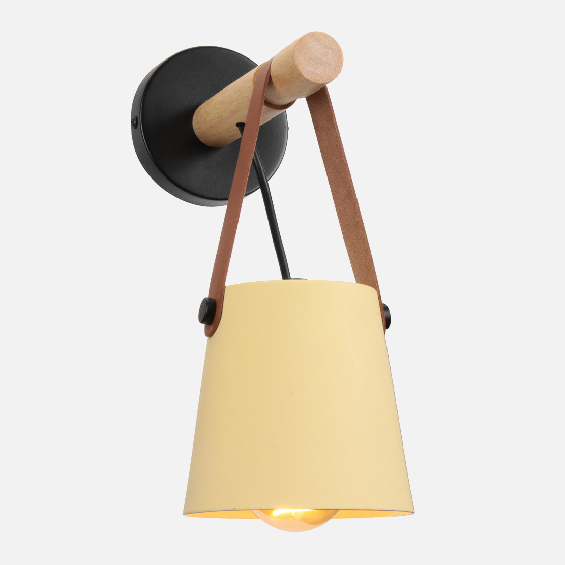 Industrial Sconce with Adjustable Cone Shade & Leather Strap for Bedroom Hallway Reading Task Lighting Wood Iron E27 Socket