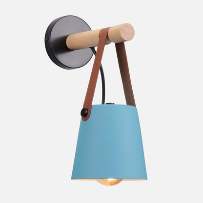Industrial Sconce with Adjustable Cone Shade & Leather Strap for Bedroom Hallway Reading Task Lighting Wood Iron E27 Socket