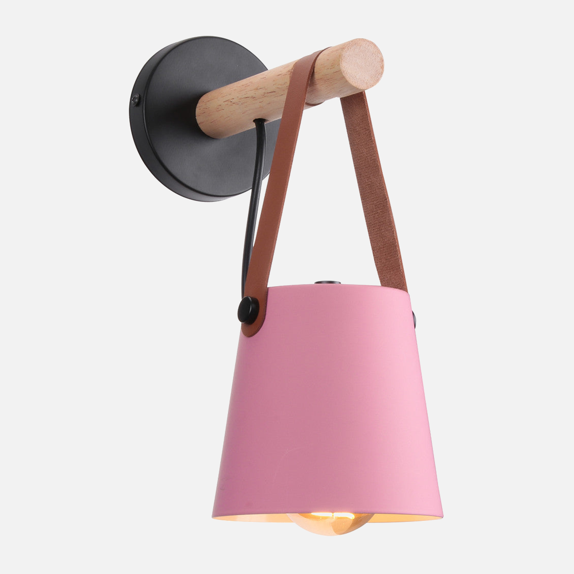 Industrial Sconce with Adjustable Cone Shade & Leather Strap for Bedroom Hallway Reading Task Lighting Wood Iron E27 Socket