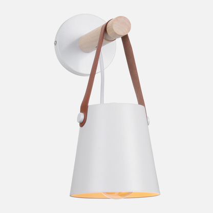Industrial Sconce with Adjustable Cone Shade & Leather Strap for Bedroom Hallway Reading Task Lighting Wood Iron E27 Socket
