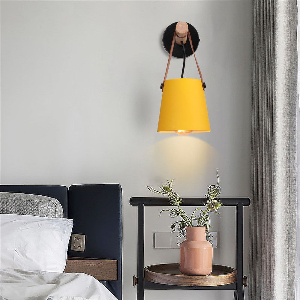 Industrial Sconce with Adjustable Cone Shade & Leather Strap for Bedroom Hallway Reading Task Lighting Wood Iron E27 Socket
