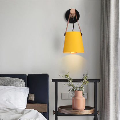 Industrial Sconce with Adjustable Cone Shade & Leather Strap for Bedroom Hallway Reading Task Lighting Wood Iron E27 Socket