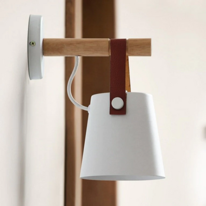 Industrial Sconce with Adjustable Cone Shade & Leather Strap for Bedroom Hallway Reading Task Lighting Wood Iron E27 Socket