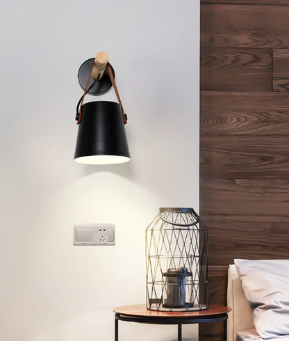 Industrial Sconce with Adjustable Cone Shade & Leather Strap for Bedroom Hallway Reading Task Lighting Wood Iron E27 Socket