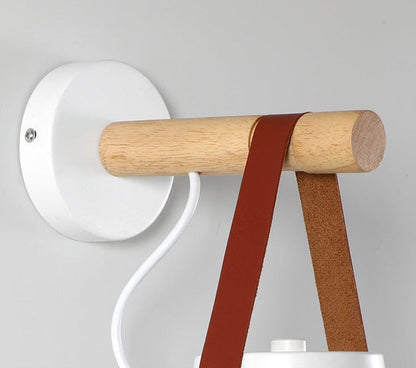 Industrial Sconce with Adjustable Cone Shade & Leather Strap for Bedroom Hallway Reading Task Lighting Wood Iron E27 Socket