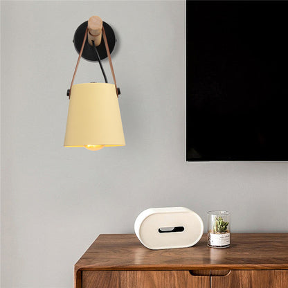 Industrial Sconce with Adjustable Cone Shade & Leather Strap for Bedroom Hallway Reading Task Lighting Wood Iron E27 Socket