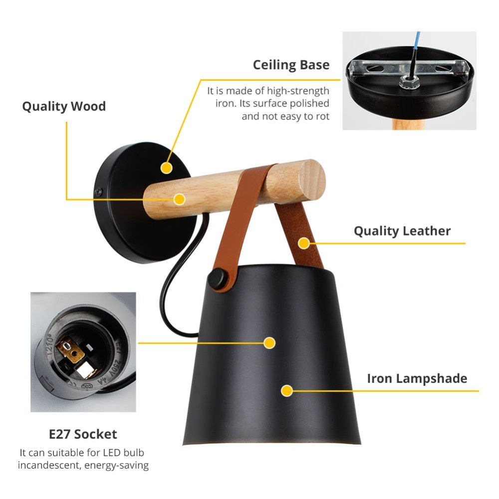 Industrial Sconce with Adjustable Cone Shade & Leather Strap for Bedroom Hallway Reading Task Lighting Wood Iron E27 Socket