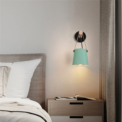 Industrial Sconce with Adjustable Cone Shade & Leather Strap for Bedroom Hallway Reading Task Lighting Wood Iron E27 Socket