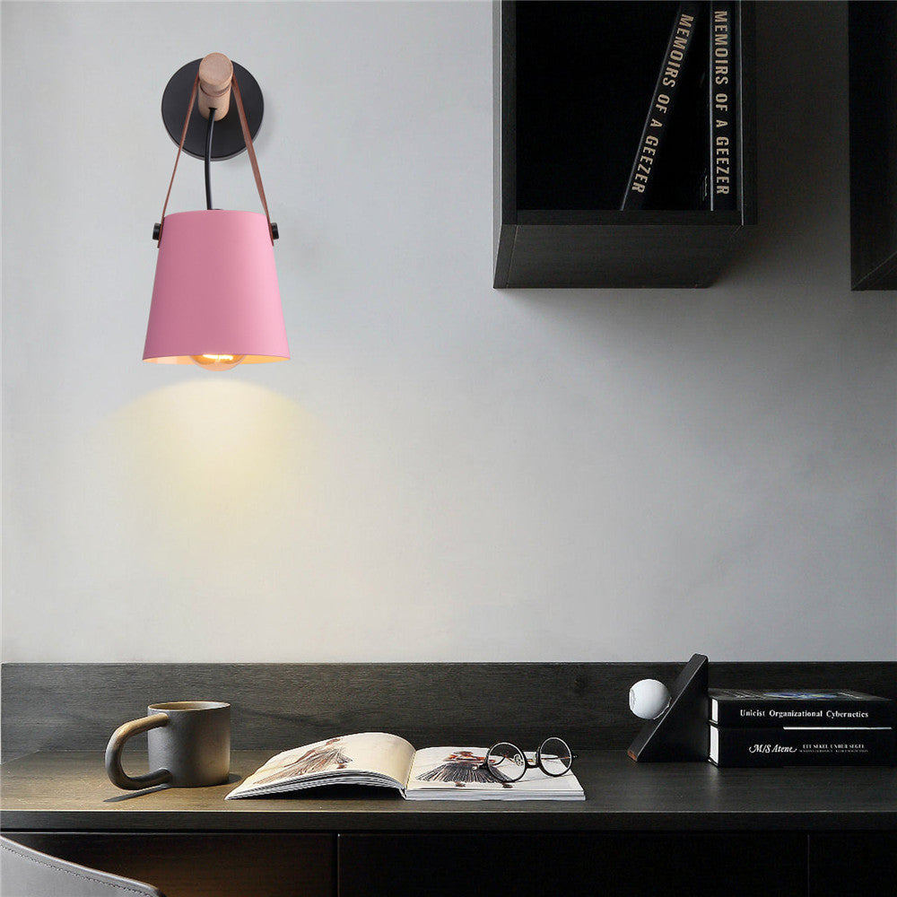 Industrial Sconce with Adjustable Cone Shade & Leather Strap for Bedroom Hallway Reading Task Lighting Wood Iron E27 Socket
