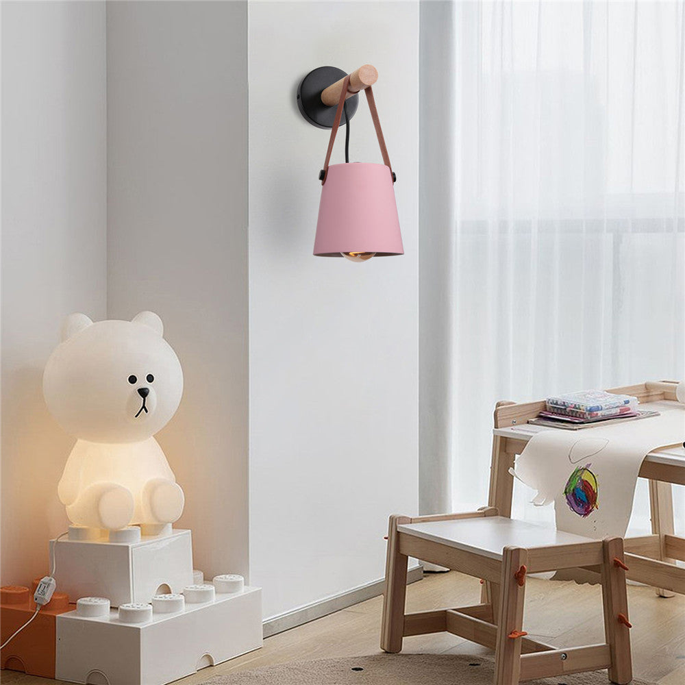 Industrial Sconce with Adjustable Cone Shade & Leather Strap for Bedroom Hallway Reading Task Lighting Wood Iron E27 Socket