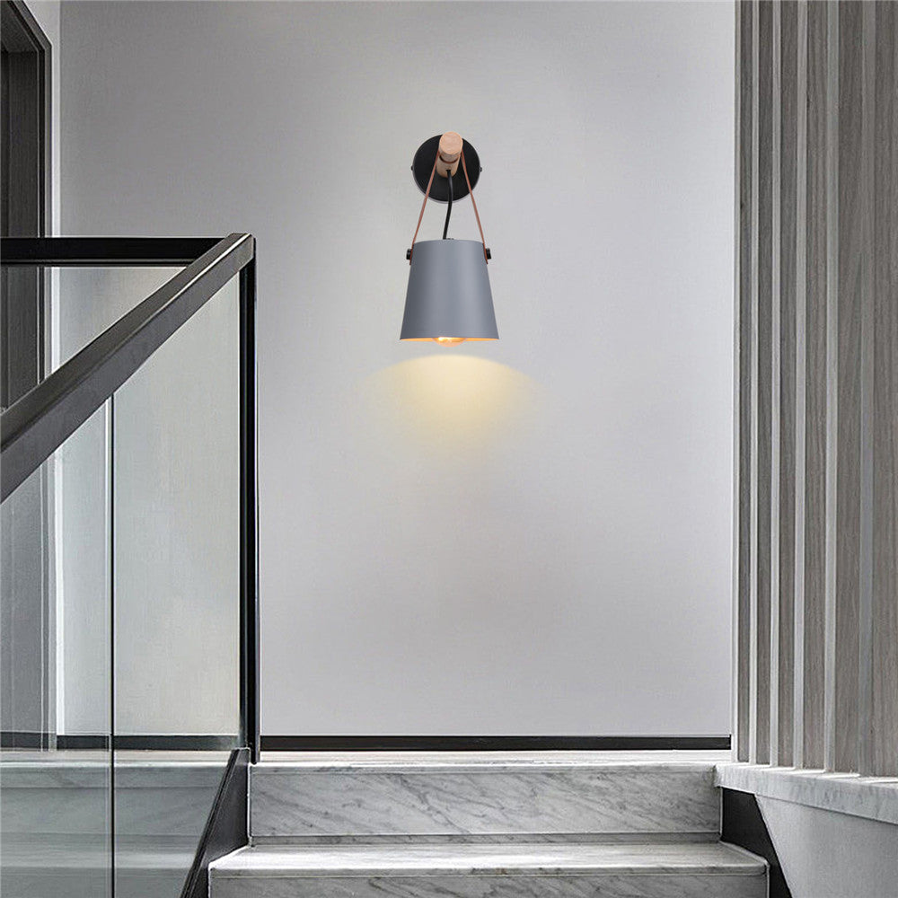 Industrial Sconce with Adjustable Cone Shade & Leather Strap for Bedroom Hallway Reading Task Lighting Wood Iron E27 Socket