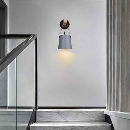 Industrial Sconce with Adjustable Cone Shade & Leather Strap for Bedroom Hallway Reading Task Lighting Wood Iron E27 Socket