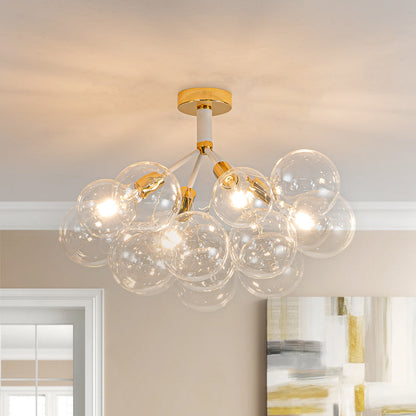 Multi-Globe Ceiling Light with Clear Glass Spheres and Metal Arms for Dining Room & Living Room