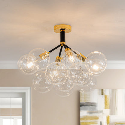 Multi-Globe Ceiling Light with Clear Glass Spheres and Metal Arms for Dining Room & Living Room