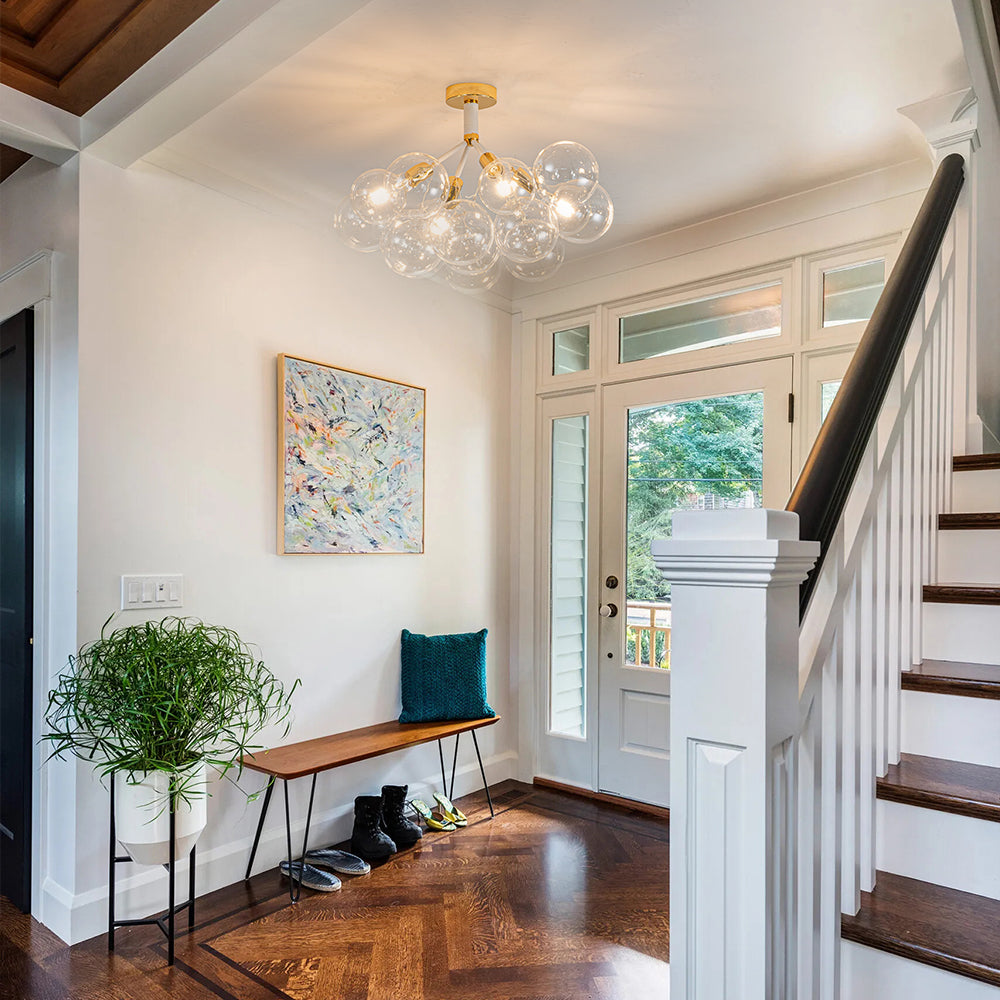 Multi-Globe Ceiling Light with Clear Glass Spheres and Metal Arms for Dining Room & Living Room