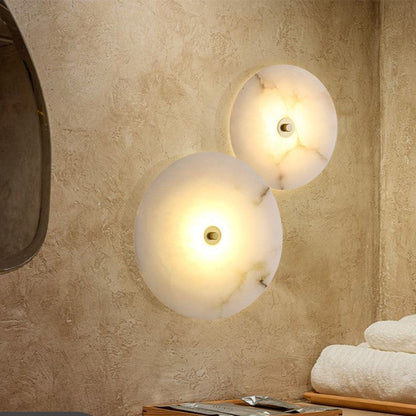 Round Alabaster Sconce LED Warm Glow Indoor Natural Stone Circle Fixture Iron Frame Bedroom Hallway Living Room Ambient Lighting 12.6 Inch