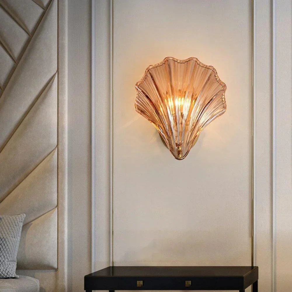Shell Glass Sconce Gold 7.9 in Bedroom Hallway Bathroom LED Wall Light Fixture Coastal Decor Ambient Lighting Modern Luxury Metal Mount E14